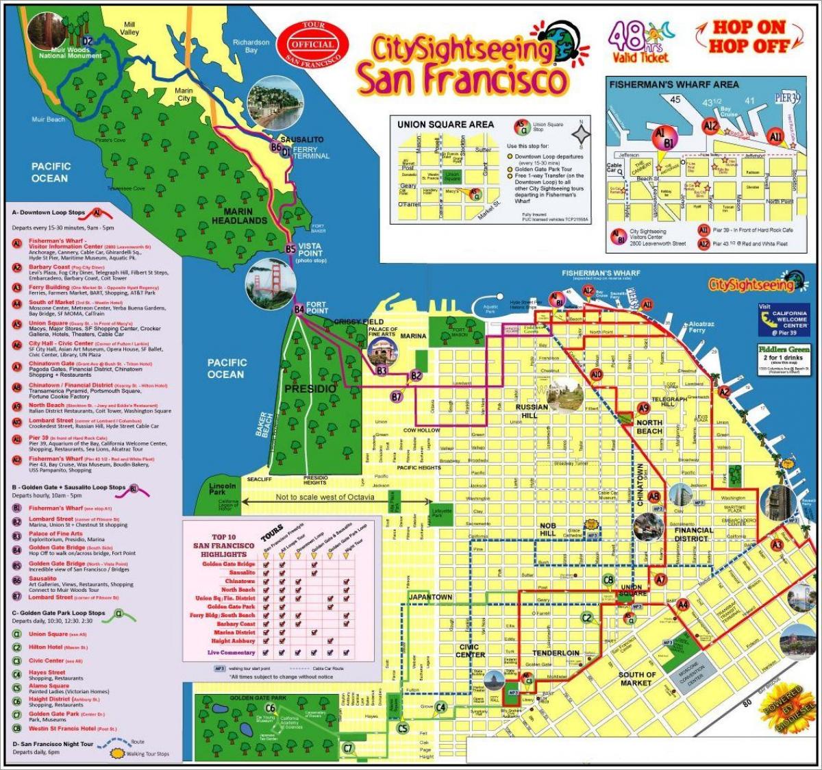San Francisco hop sa hop-off bus tour map