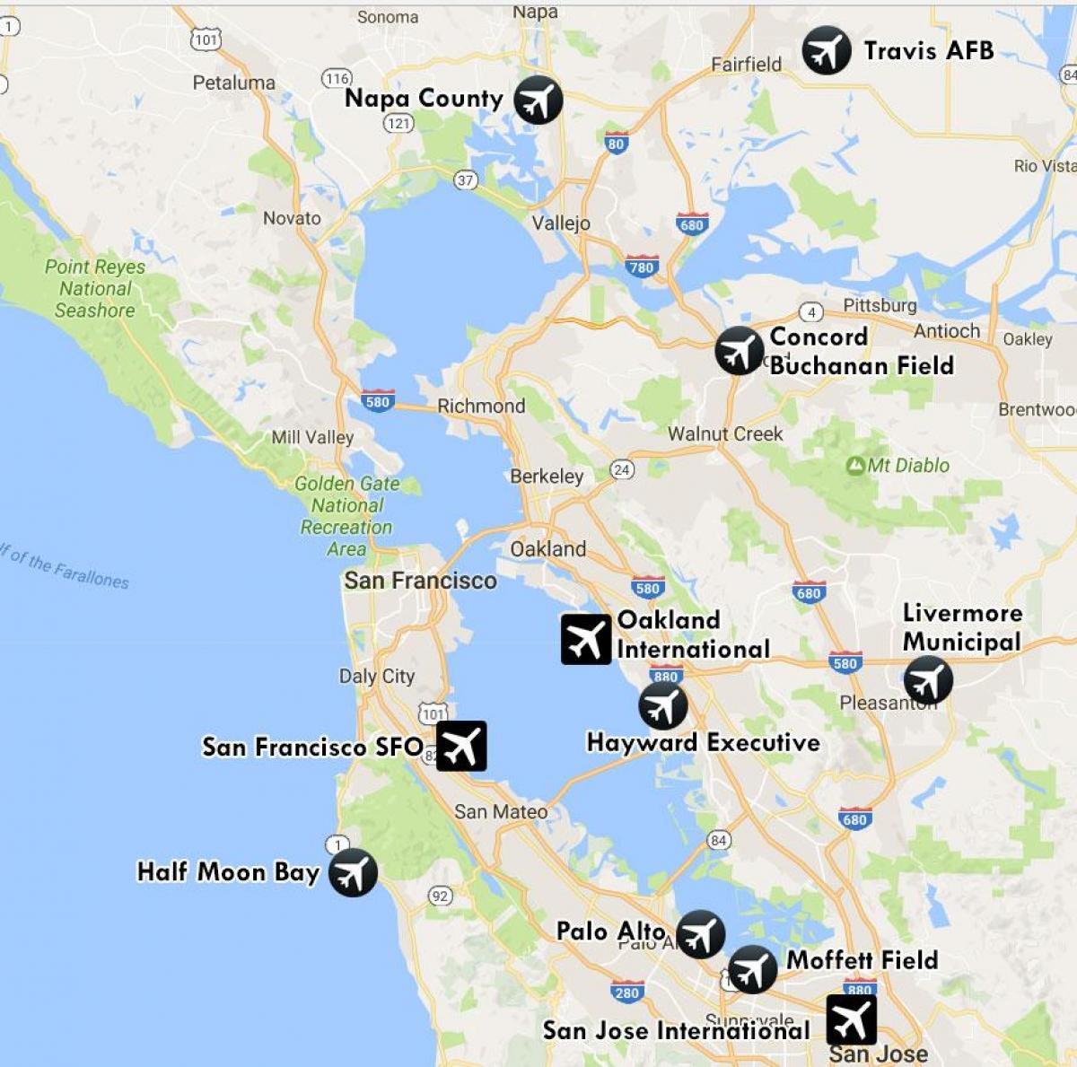 mga paliparan malapit sa San Francisco mapa