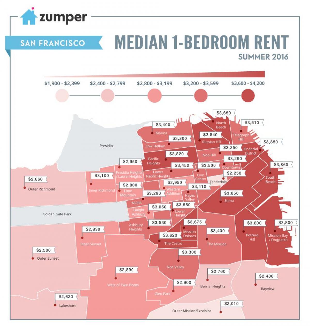 San Francisco rent na mga presyo ng mapa
